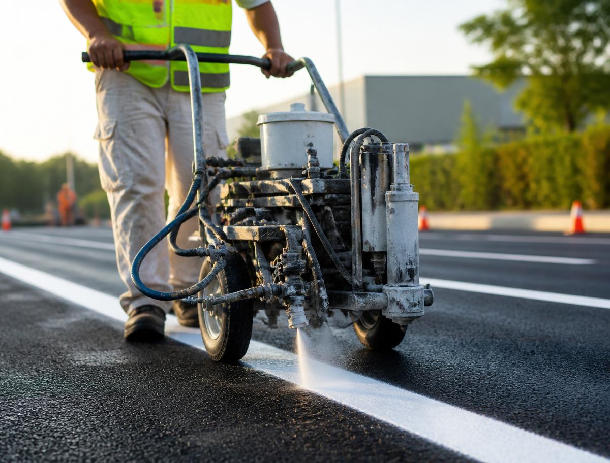 Striping crew painting fresh white parking stall lines on asphalt