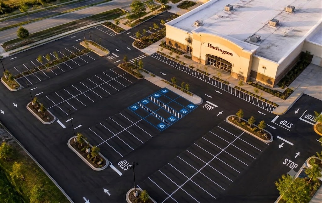 Aerial view of a freshly striped commercial parking lot